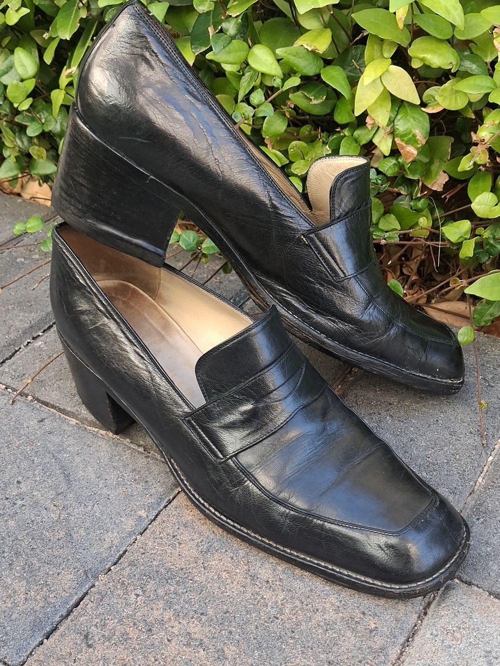 90's Studio Pollini Brown Leather Block Heel Square Toe Loafers Made In Italy
